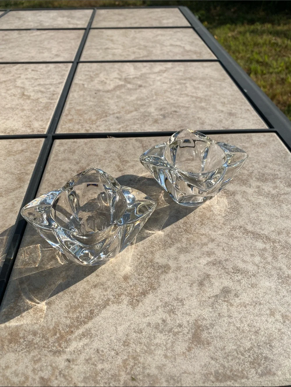 Vintage Heavy Clear Crystal Candle Holders Four-Sided Blooming Petals- Set of 2